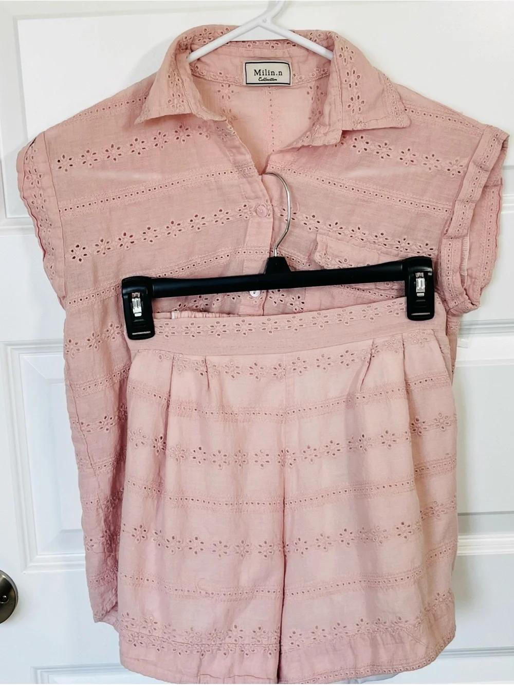 Pink Eyelet Embroidered Matching Set Coastal Boho Cotton Small